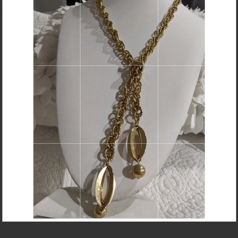 Vintage Art Deco adjustable Chunky Chain gold brass Y necklace